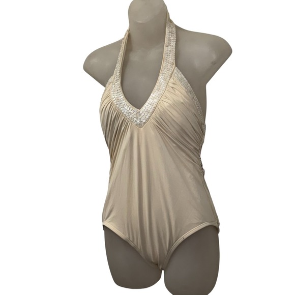 Carmen Marc Valvo One-Piece Swimsuit Sz 10 NWT Ivory Shell Embellished Halter - Picture 3 of 11